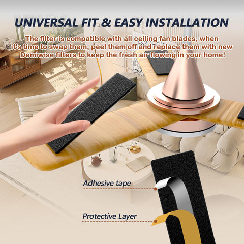 Demiwise universal-fit filter on different ceiling fan blades