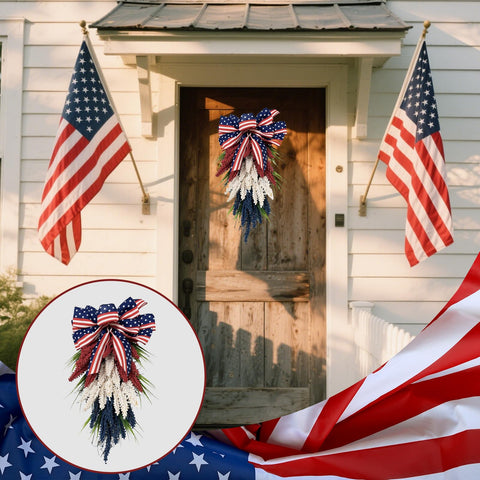 Demonwer American flag ribbon accent enhances patriotic charm on entry.