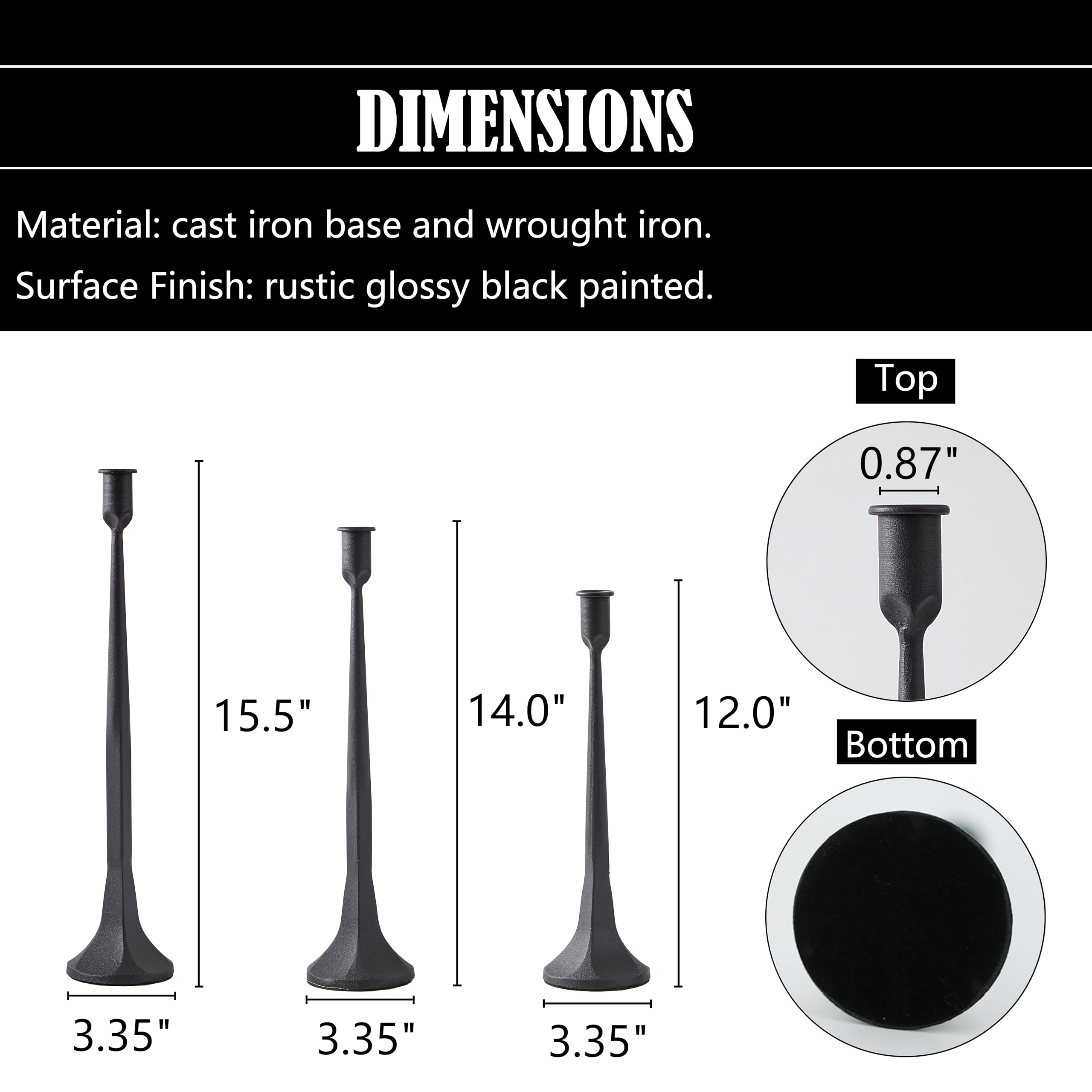 Denique black cast-iron candle holders with rustic finish add farmhouse charm