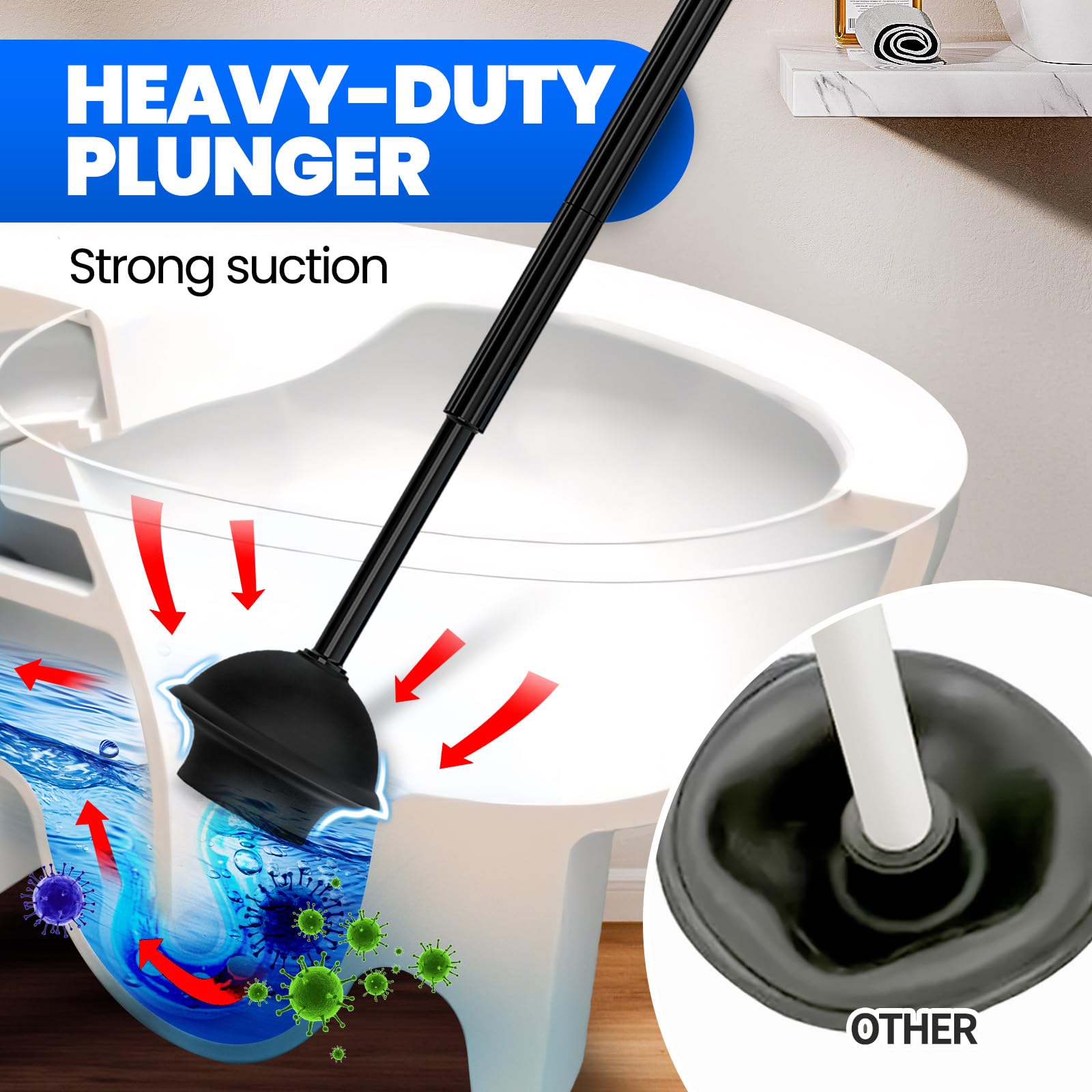 Denvlex extended-handle plunger reduces splash risk during use.