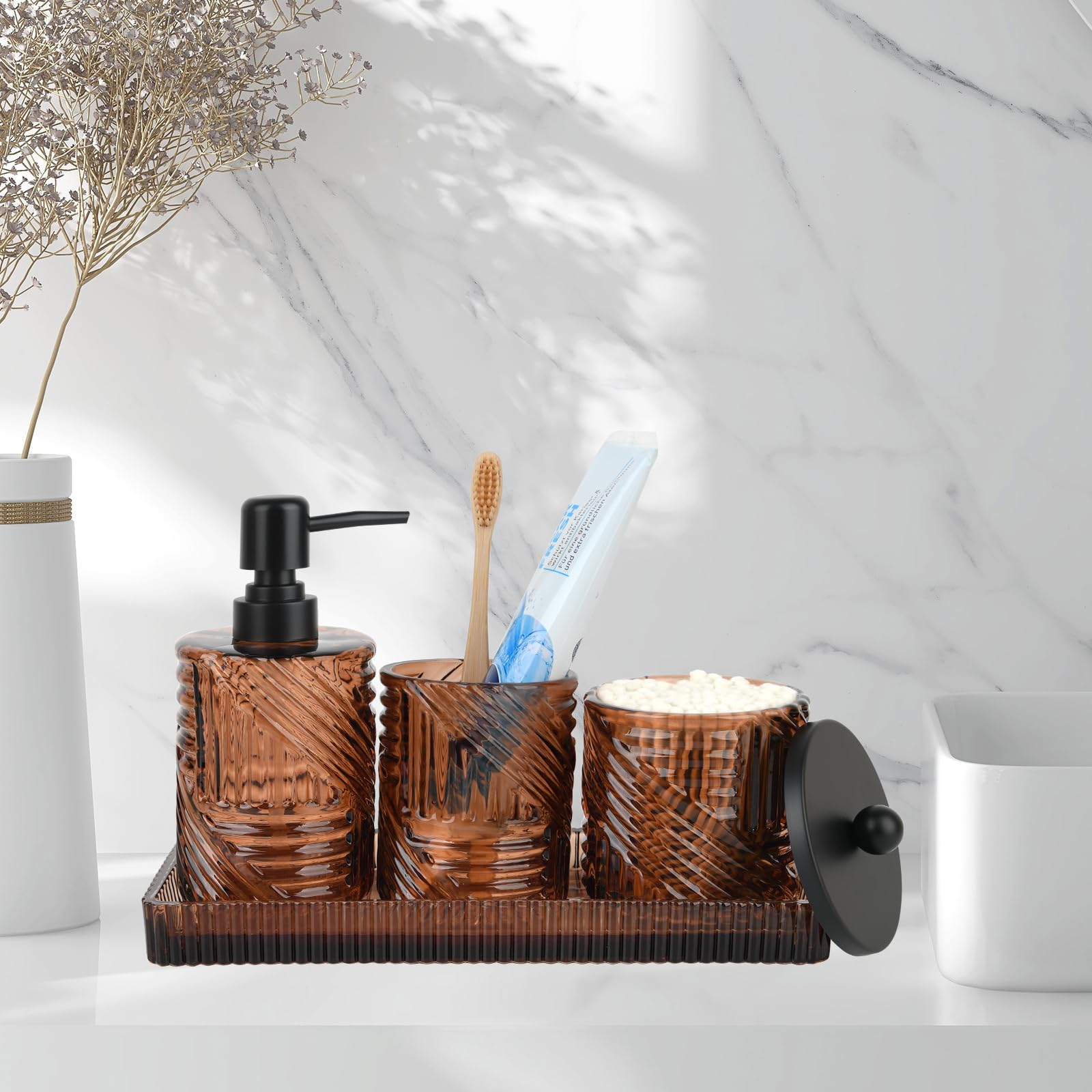 Deobath amber glass toothbrush holder for organized counters