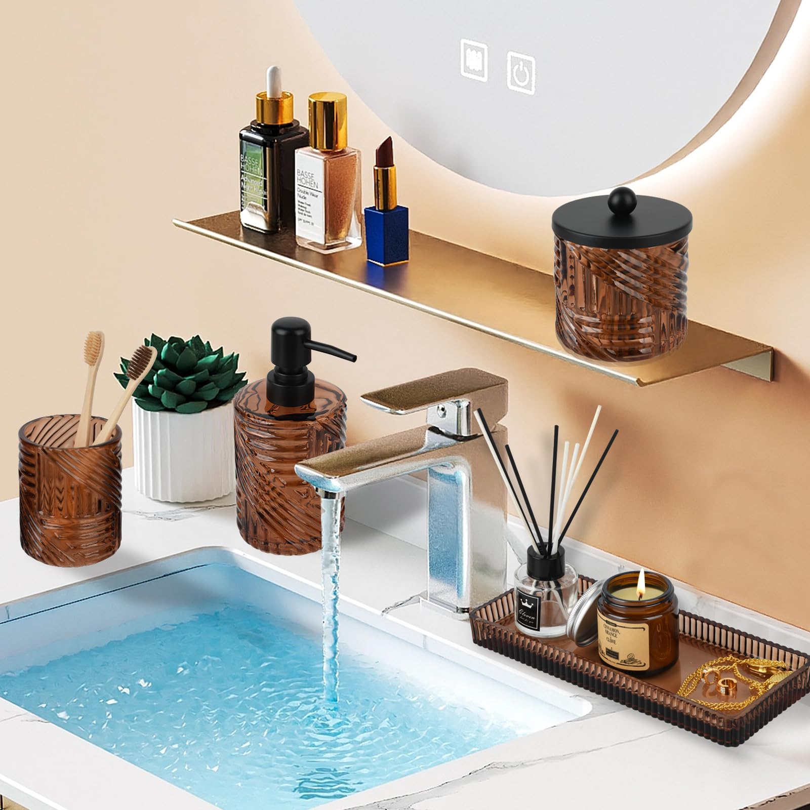 Deobath amber glass vanity tray with ribbed design