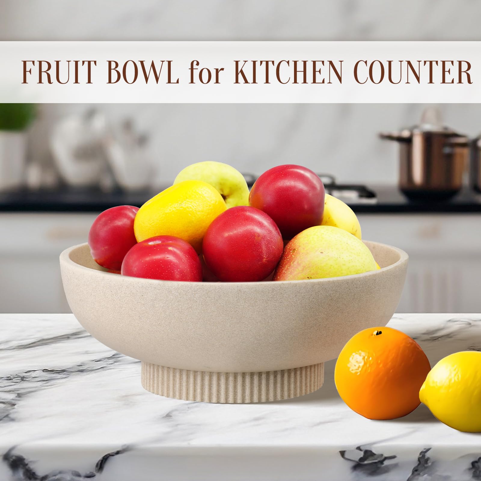 Beige Deobath decorative bowl on kitchen counter for fruit display