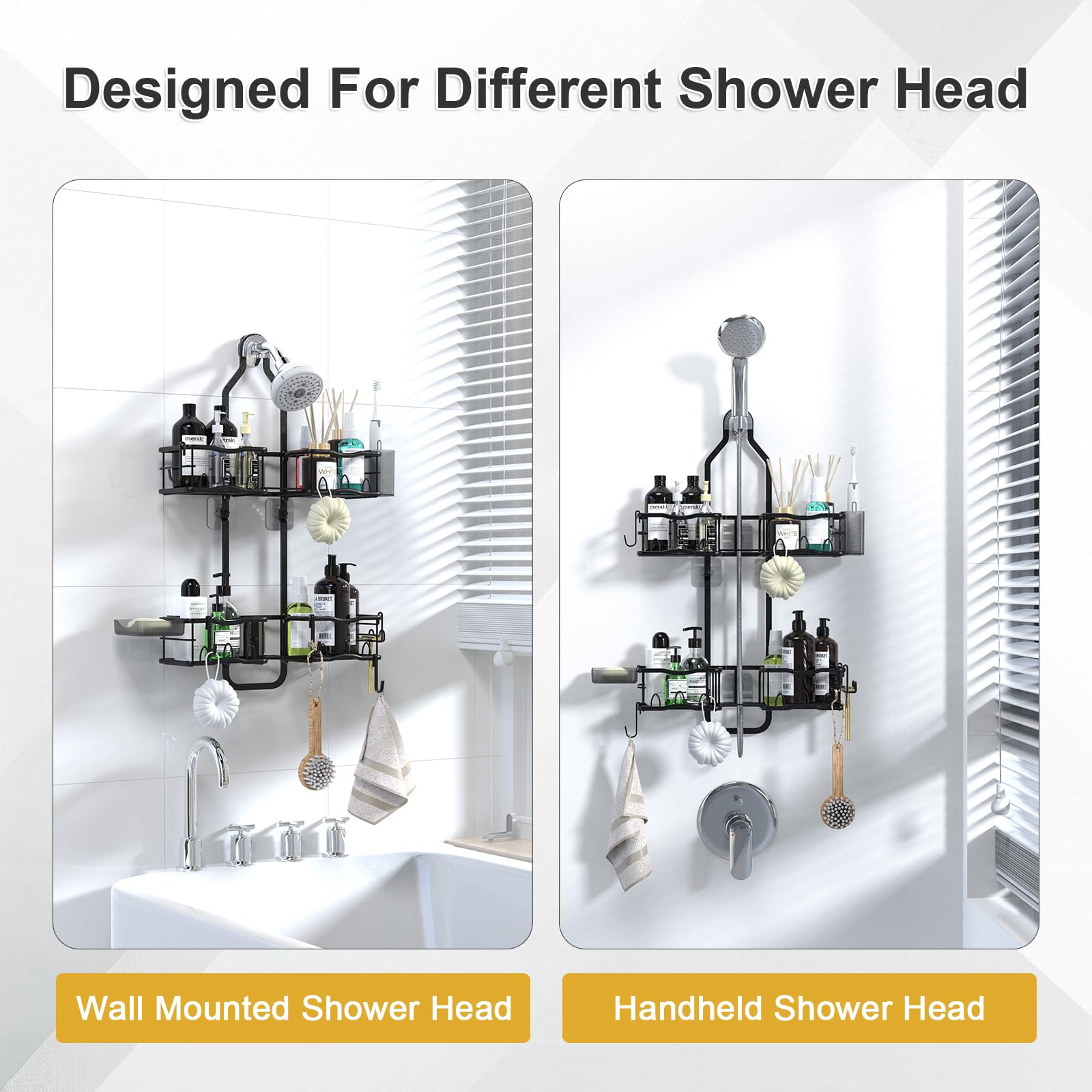 Depecal two-tier design provides spacious shower storage option.