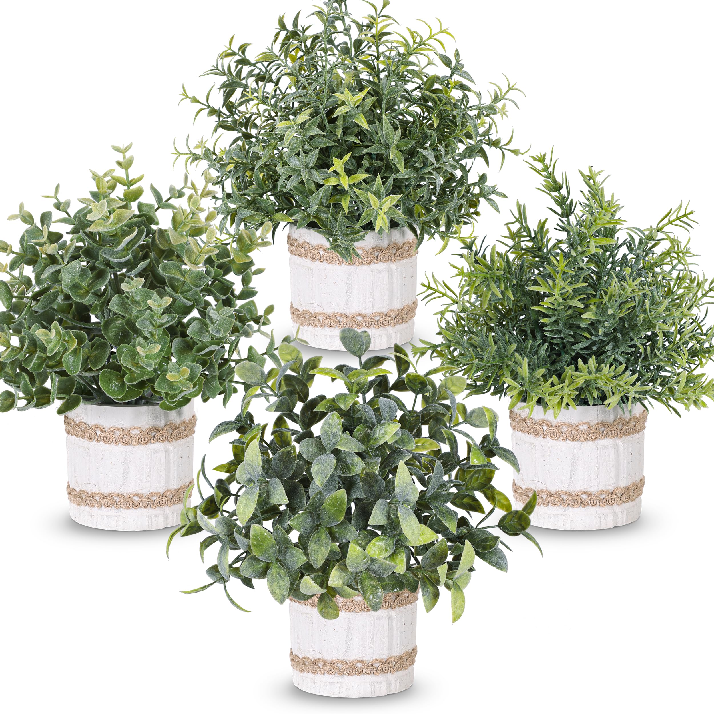 Der Rose 4-pack farmhouse artificial plants in rustic pots brighten shelves and desks.