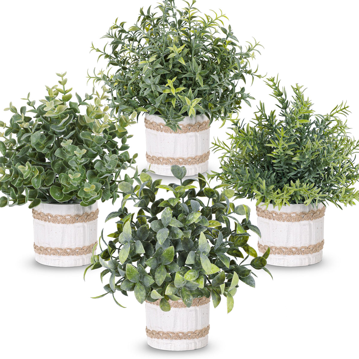 Der Rose 4-pack farmhouse artificial plants in rustic pots brighten shelves and desks.