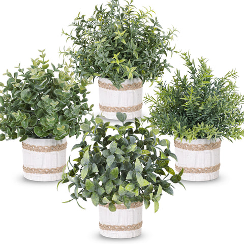 Der Rose 4-pack farmhouse artificial plants in rustic pots brighten shelves and desks.