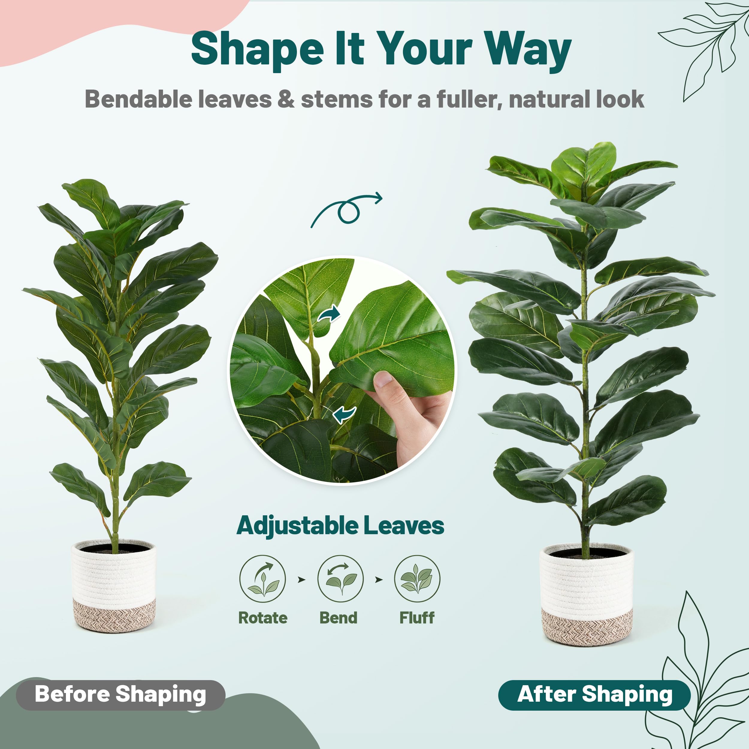 Der Rose close-up of fiddle leaf fig leaves showing realistic veining.