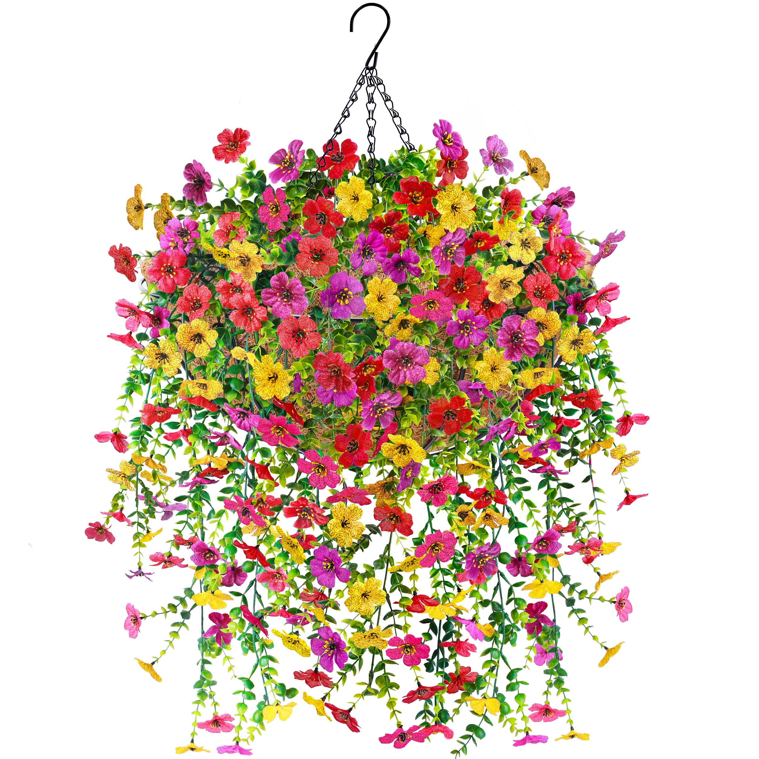 Der Rose artificial hanging basket outdoors in full view boosts curb appeal.