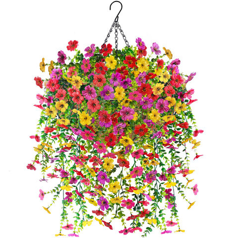 Der Rose artificial hanging basket outdoors in full view boosts curb appeal.