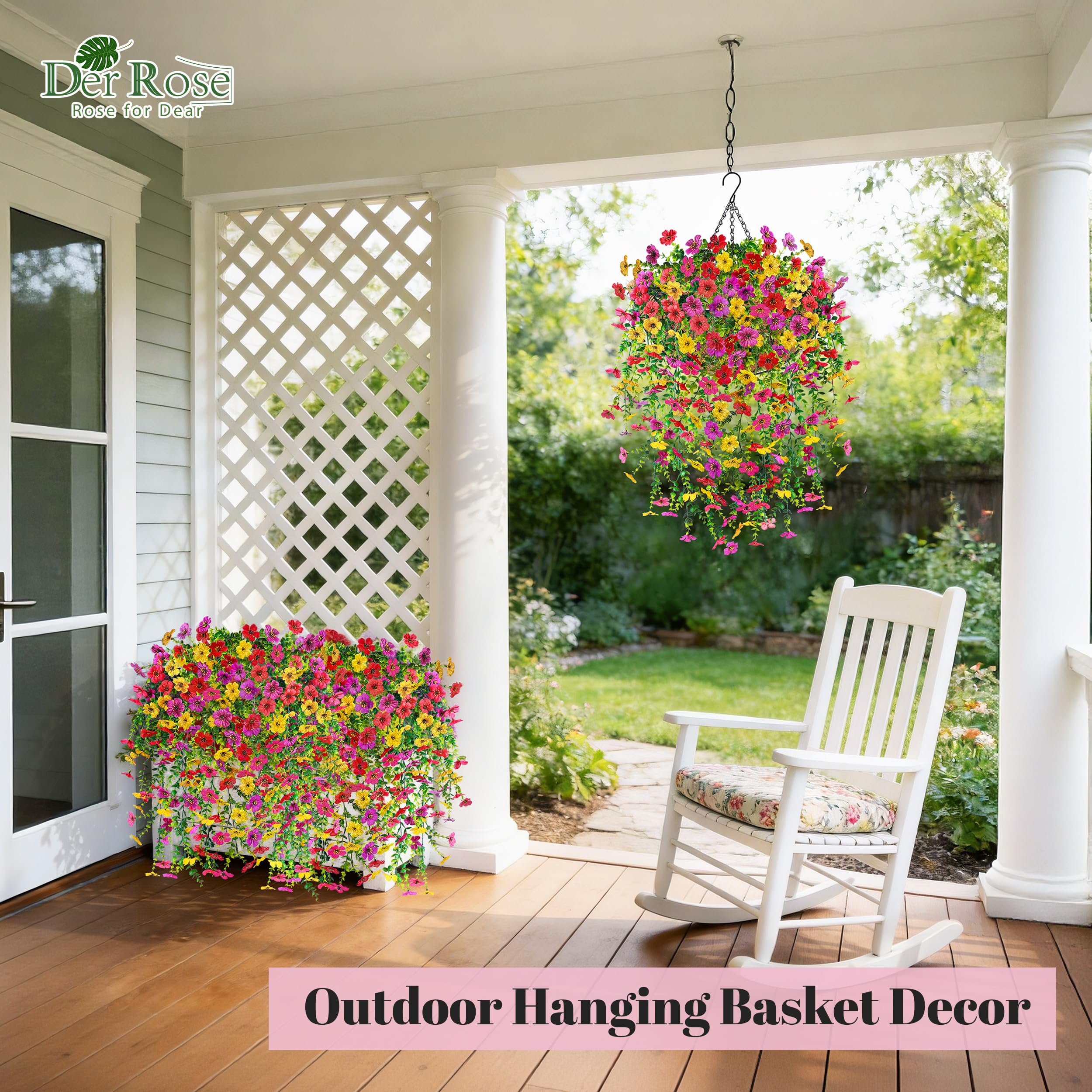 Ready to hang, Der Rose basket brightens a porch or patio installation.
