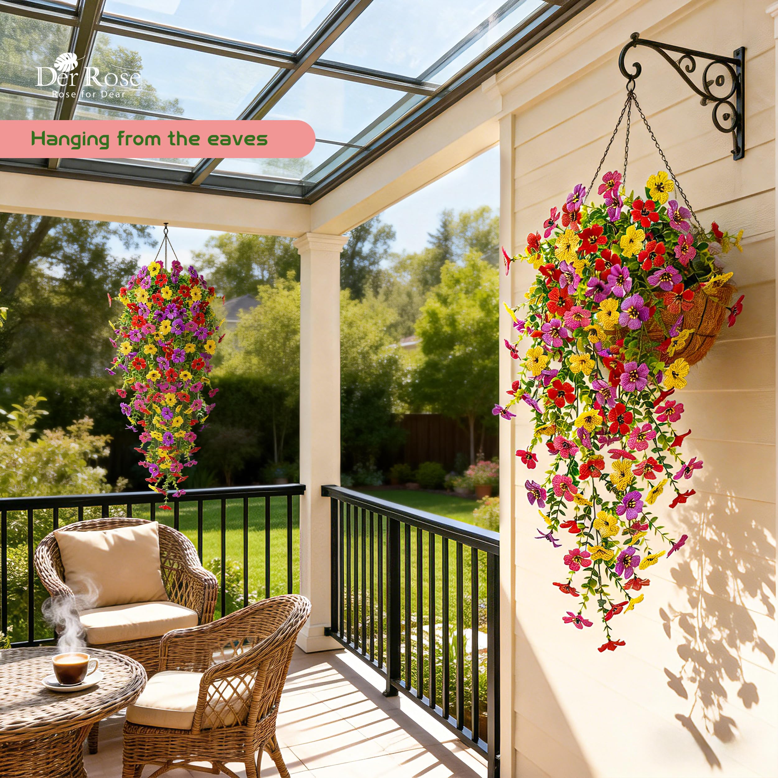 Der Rose faux hanging blooms elevate outdoor planters and fences.