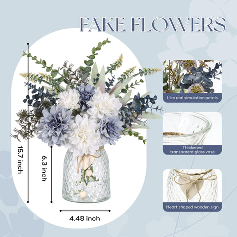 Der Rose glass vase centerpiece elevates dining tables with navy blue blooms.