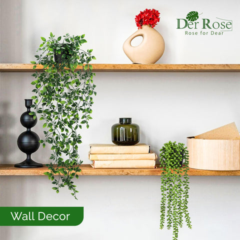 Der Rose mandala vine artificial hanging plant adds texture to bathroom walls.