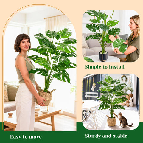 Der Rose monstera plant in woven basket blends indoors, boosting decor warmth.