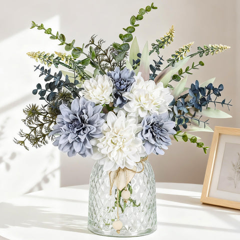 Der Rose navy blue silk dahlia arrangement in glass vase for an elegant dining centerpiece.