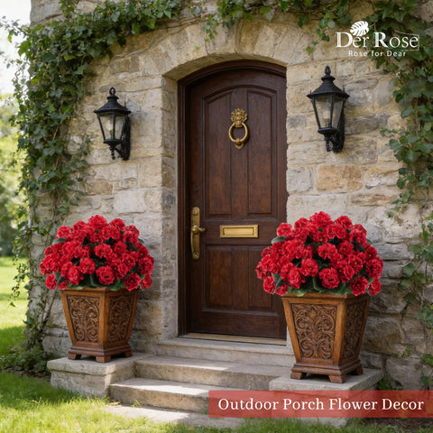 Der Rose durable outdoor faux geraniums withstand sun and wind for display.