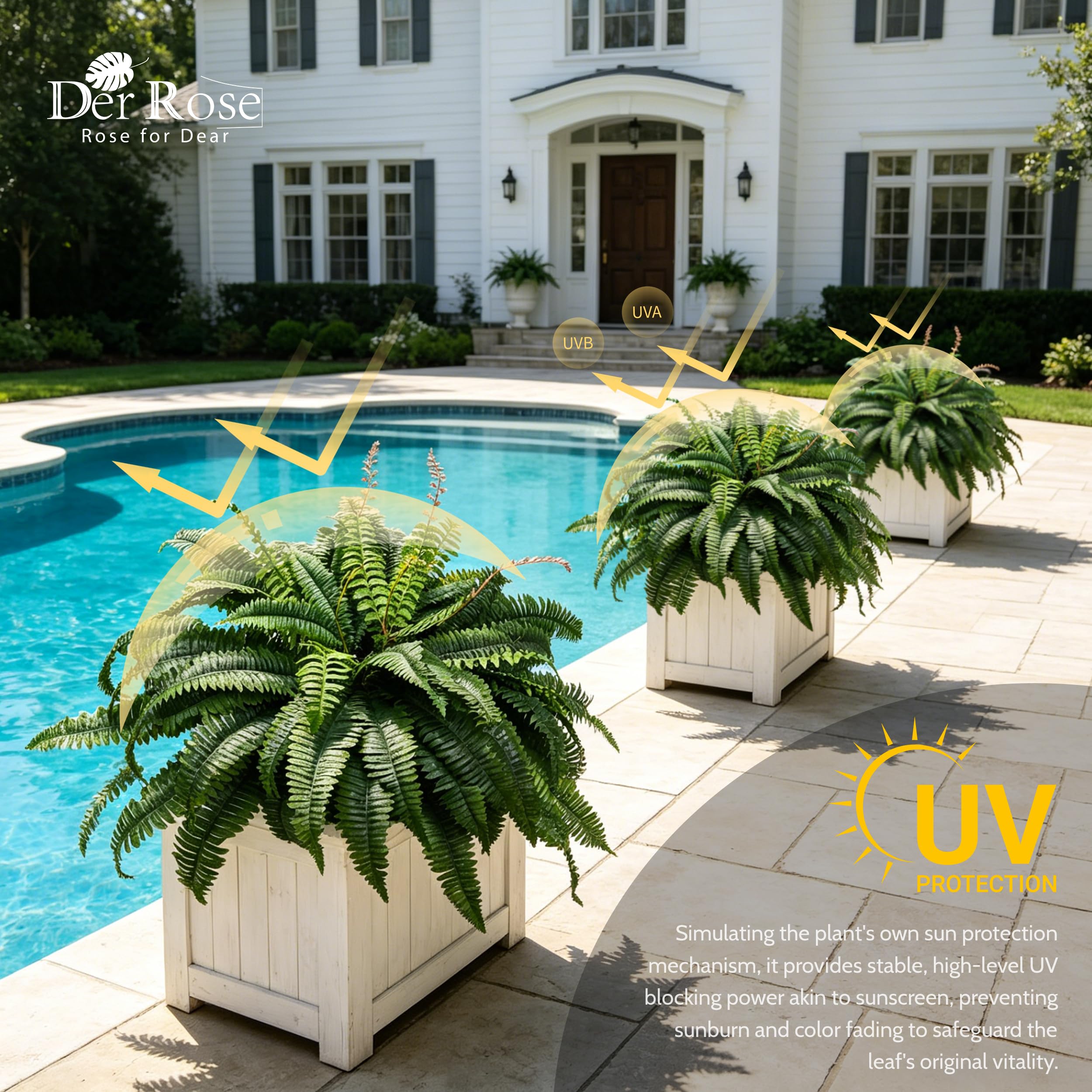 Der Rose outdoor UV-resistant fern maintains vibrant color in sun and rain