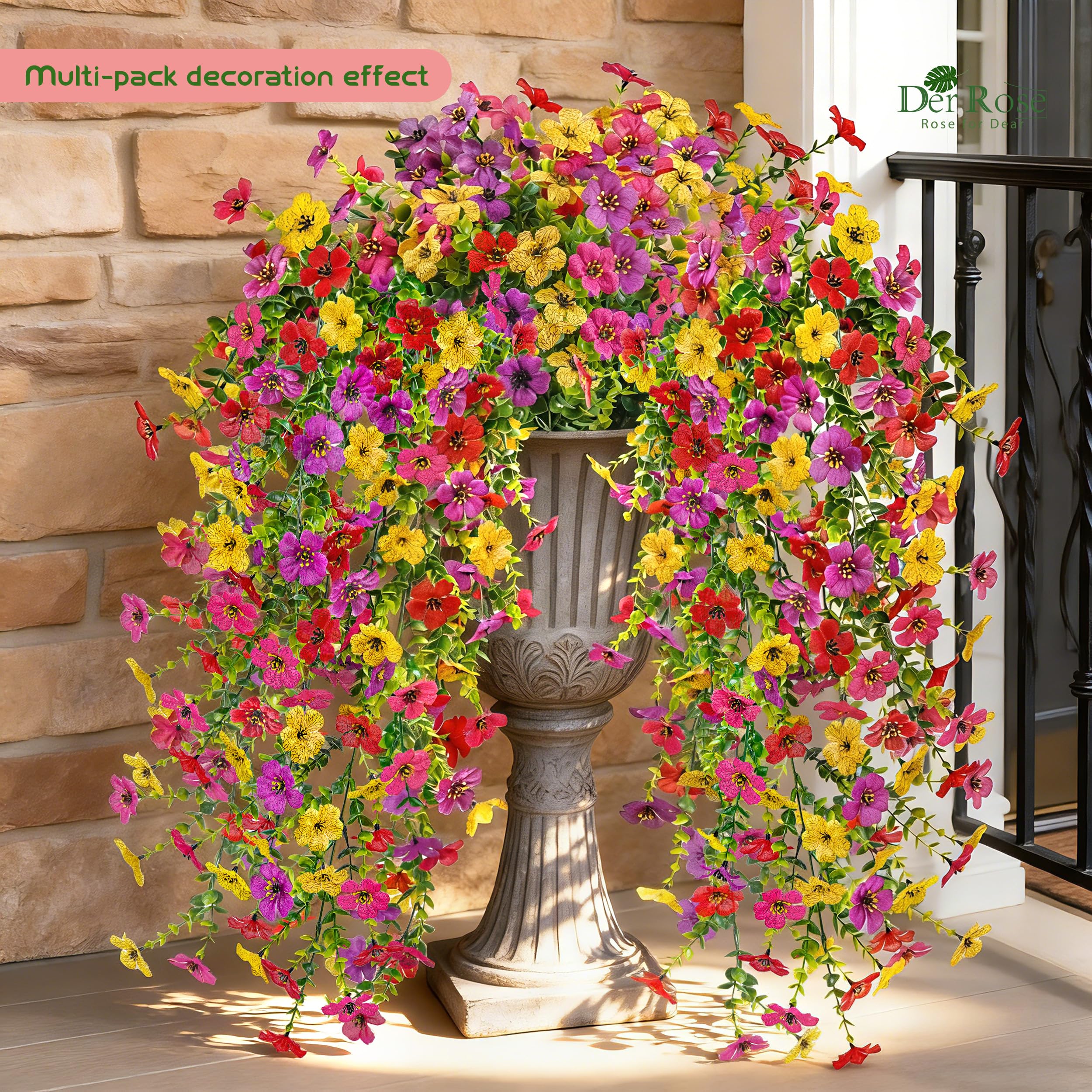 Der Rose cascading silk flowers drape over a balcony for lush outdoor decor.