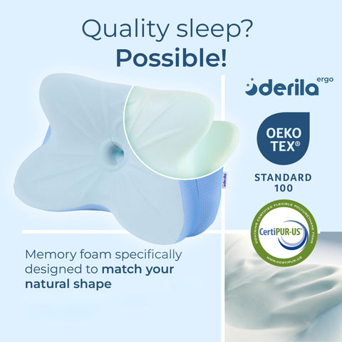 Derila Ergo Back Sleep Position supports back sleepers with gentle cervical support.
