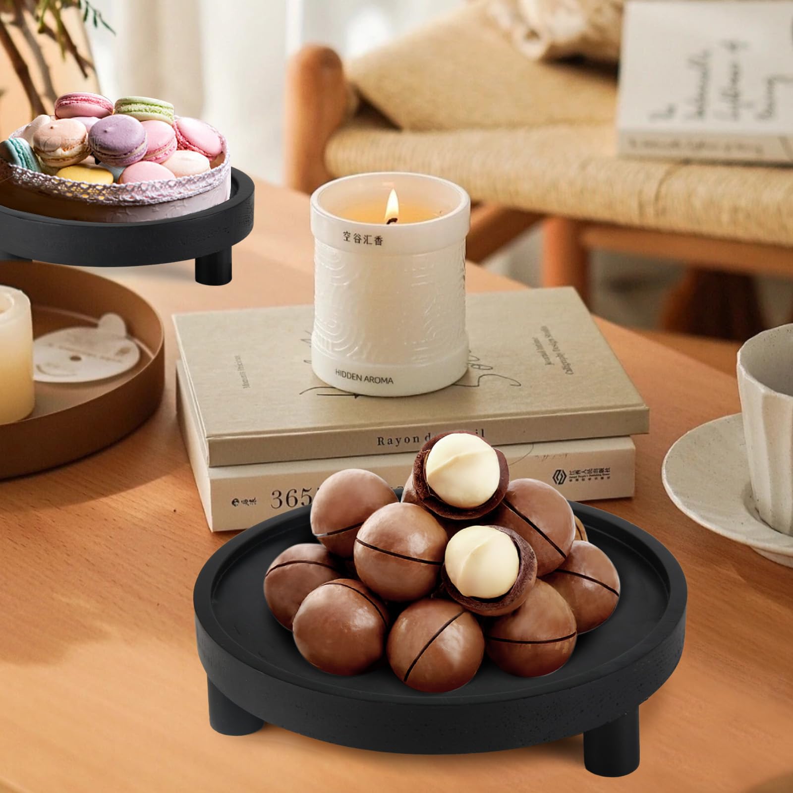 Destop home decor display on dresser for organized, focal styling with height.