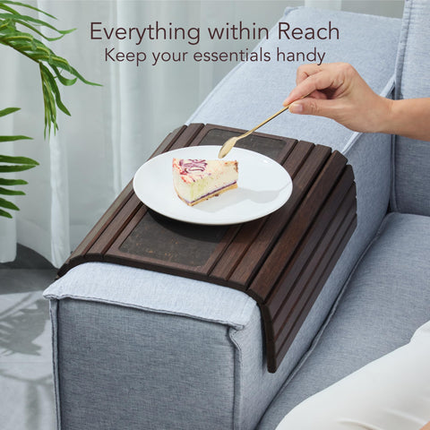 DETOR arm tray in brown bamboo finish adds warmth and durability.