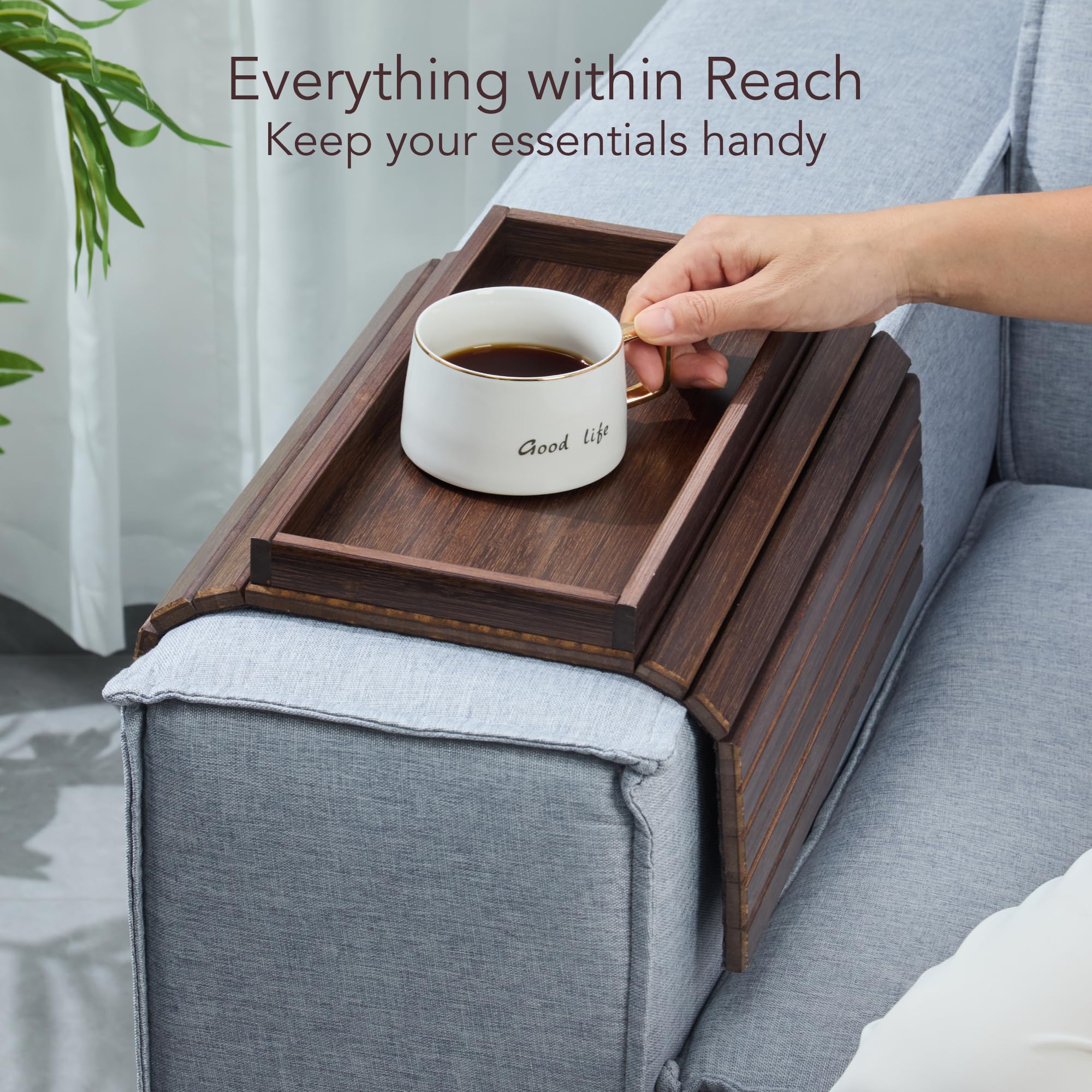 DETOR couch arm tray in walnut-bamboo-finish adds warm, natural style.
