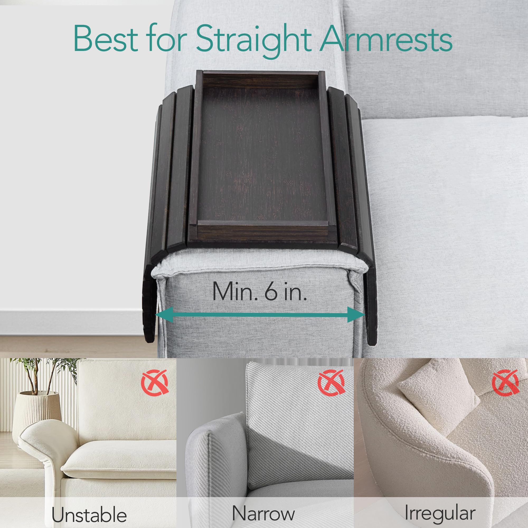 Detor couch caddy provides space-saving storage beside the sofa.