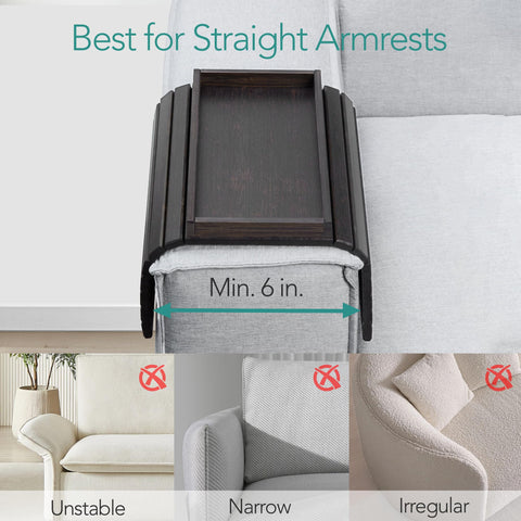 Detor couch caddy provides space-saving storage beside the sofa.