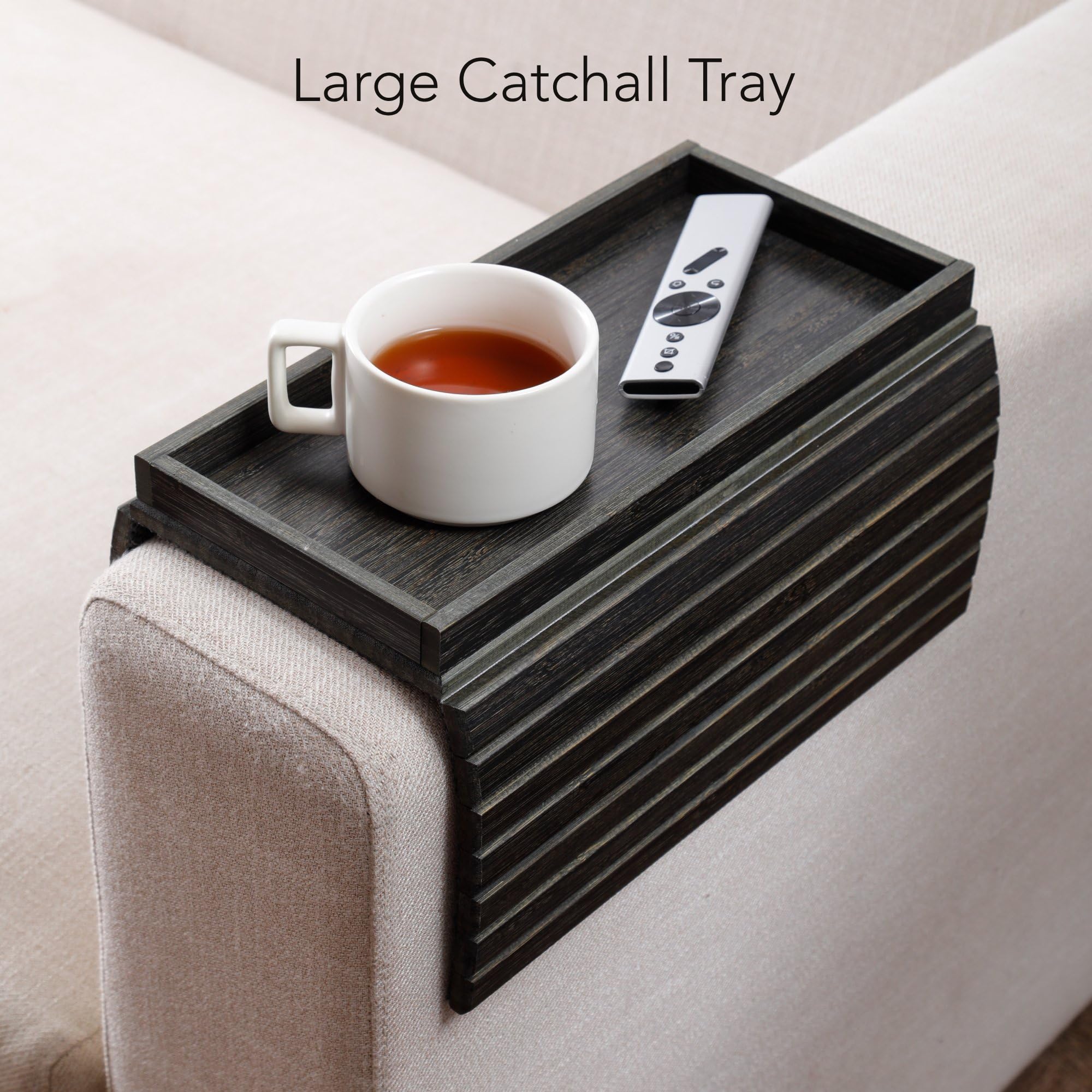Detor living room tray keeps remotes, devices, and snacks organized.