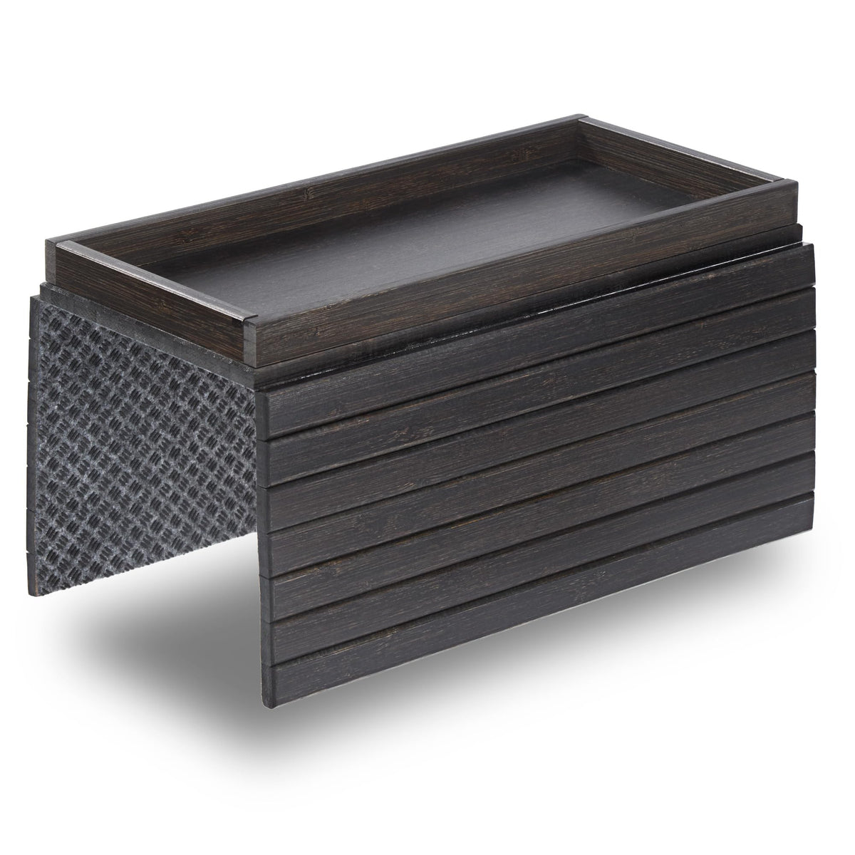 Detor sofa arm tray with storage box in ebony bamboo keeps essentials within reach.