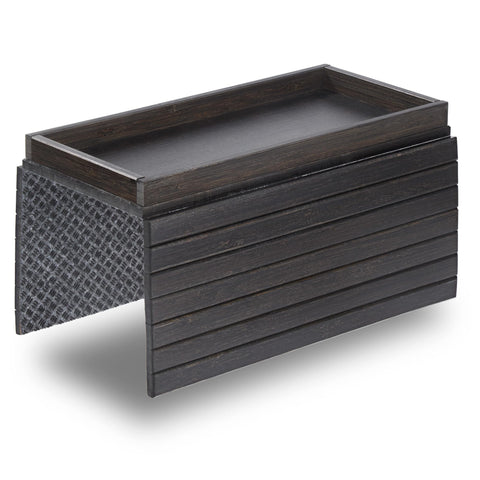 Detor sofa arm tray with storage box in ebony bamboo keeps essentials within reach.