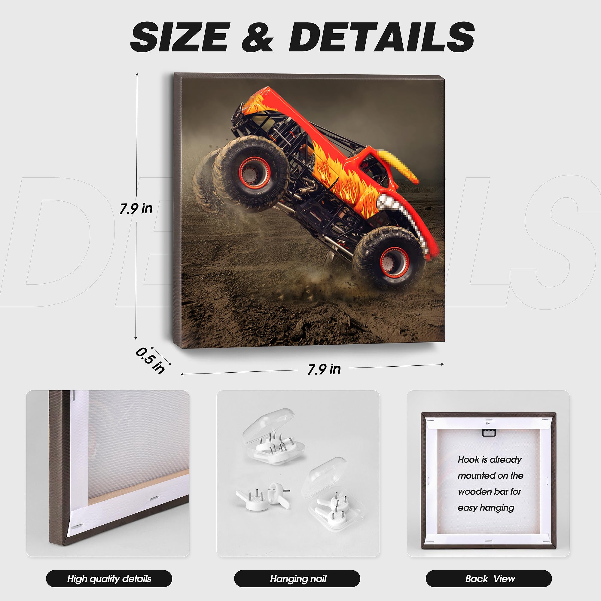 Deveosa monster truck canvas panel 2 features bold colors for a kids room