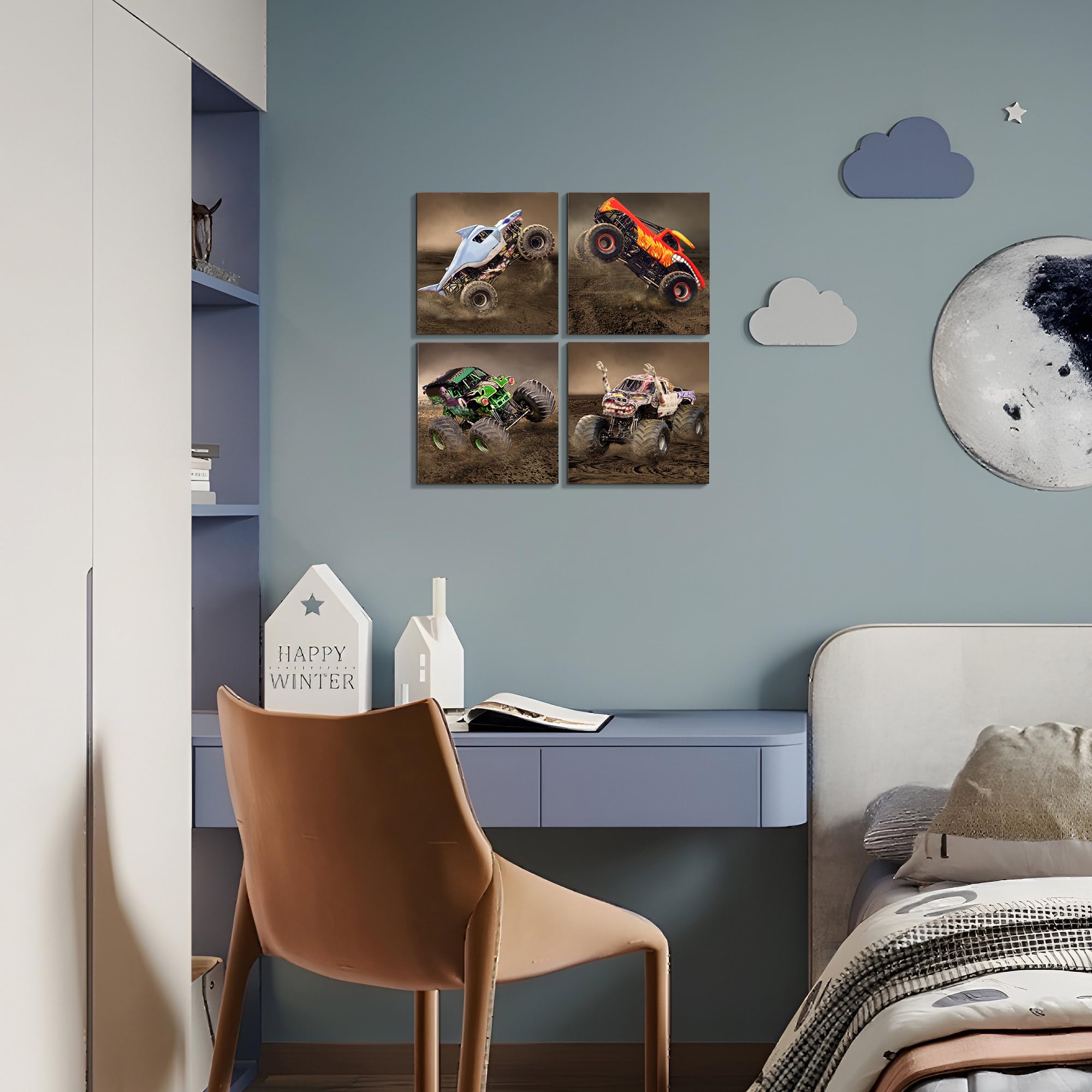 Deveosa monster truck canvas panel 4 completes a dynamic four-panel wall art set