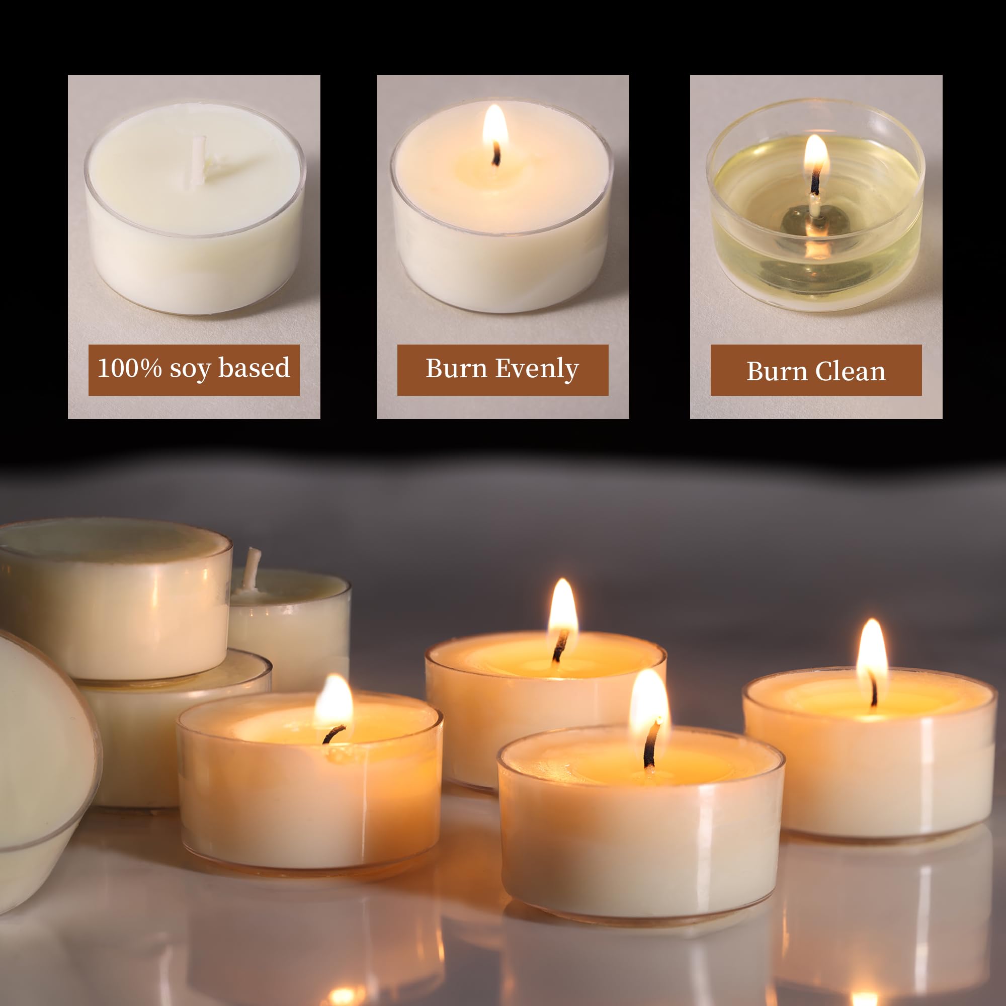 DEVI cotton-wick soy tea light close-up highlighting clean burn.