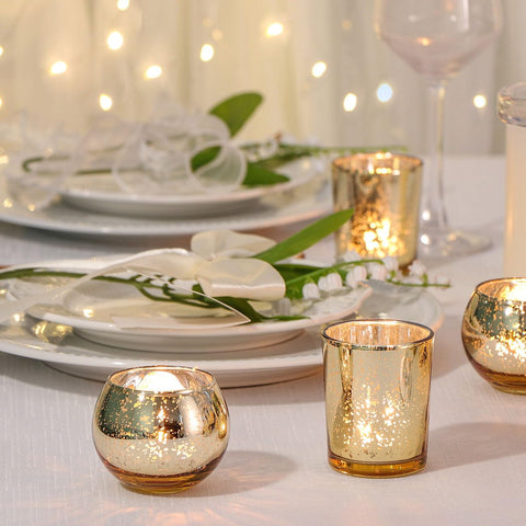 DEVI gold round votive holder adds warm glow to events.