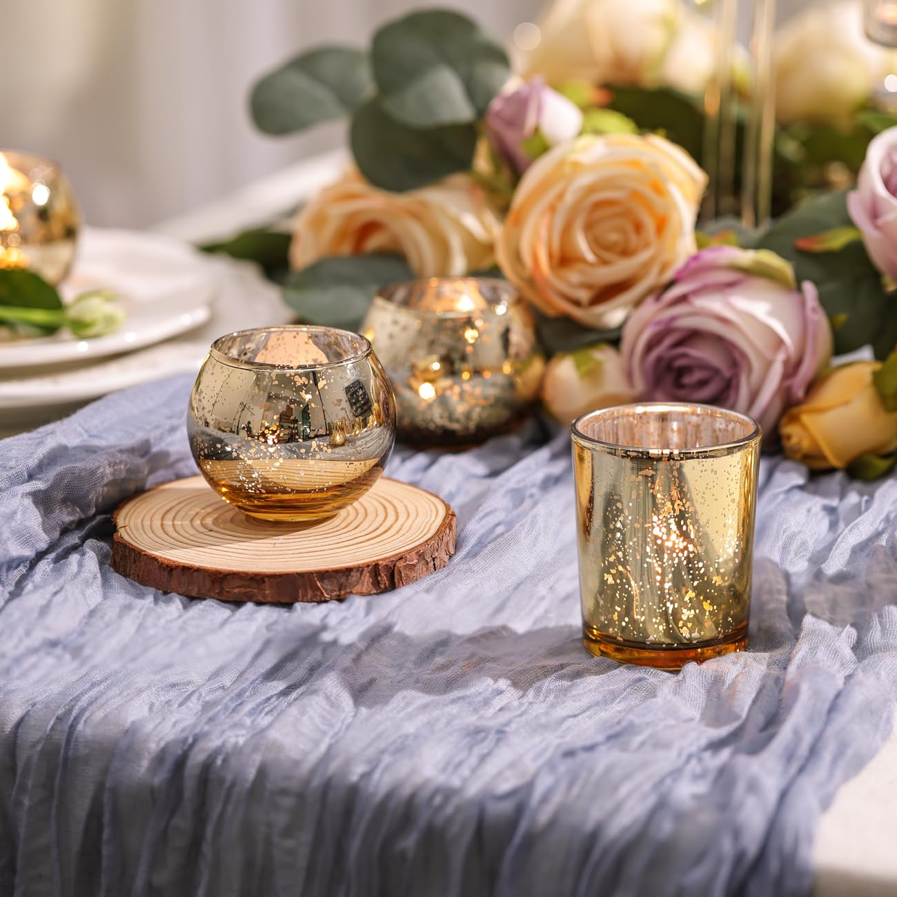 DEVI tea light display using gold mercury glass votive holders