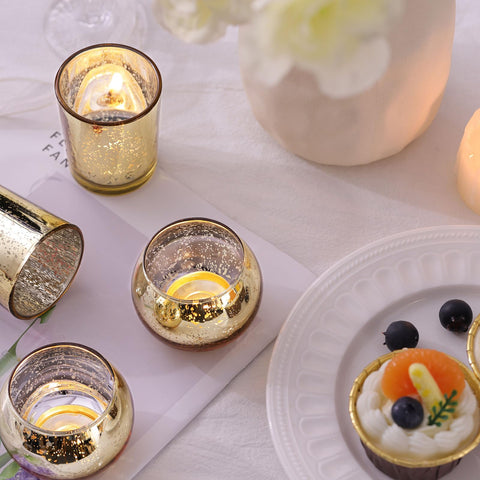 Closeup of DEVI textured gold finish on mercury glass votive holders