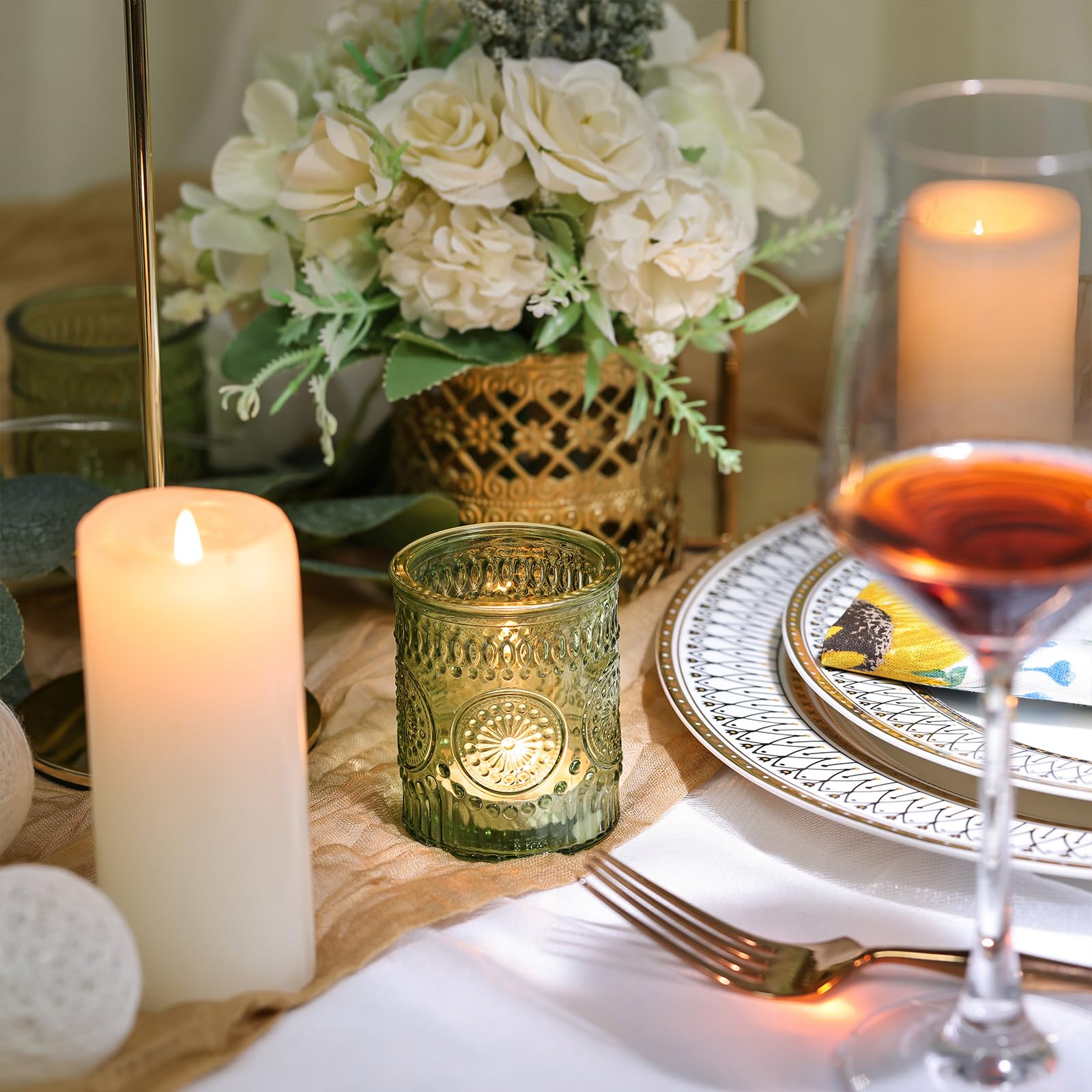 DEVI green vintage sunflower embossed design enhances centerpieces.