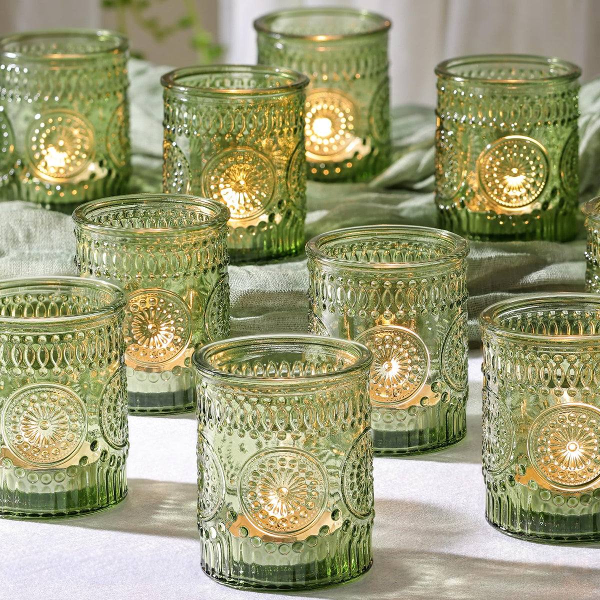 DEVI green votive holder for wedding-table decor with vintage charm.