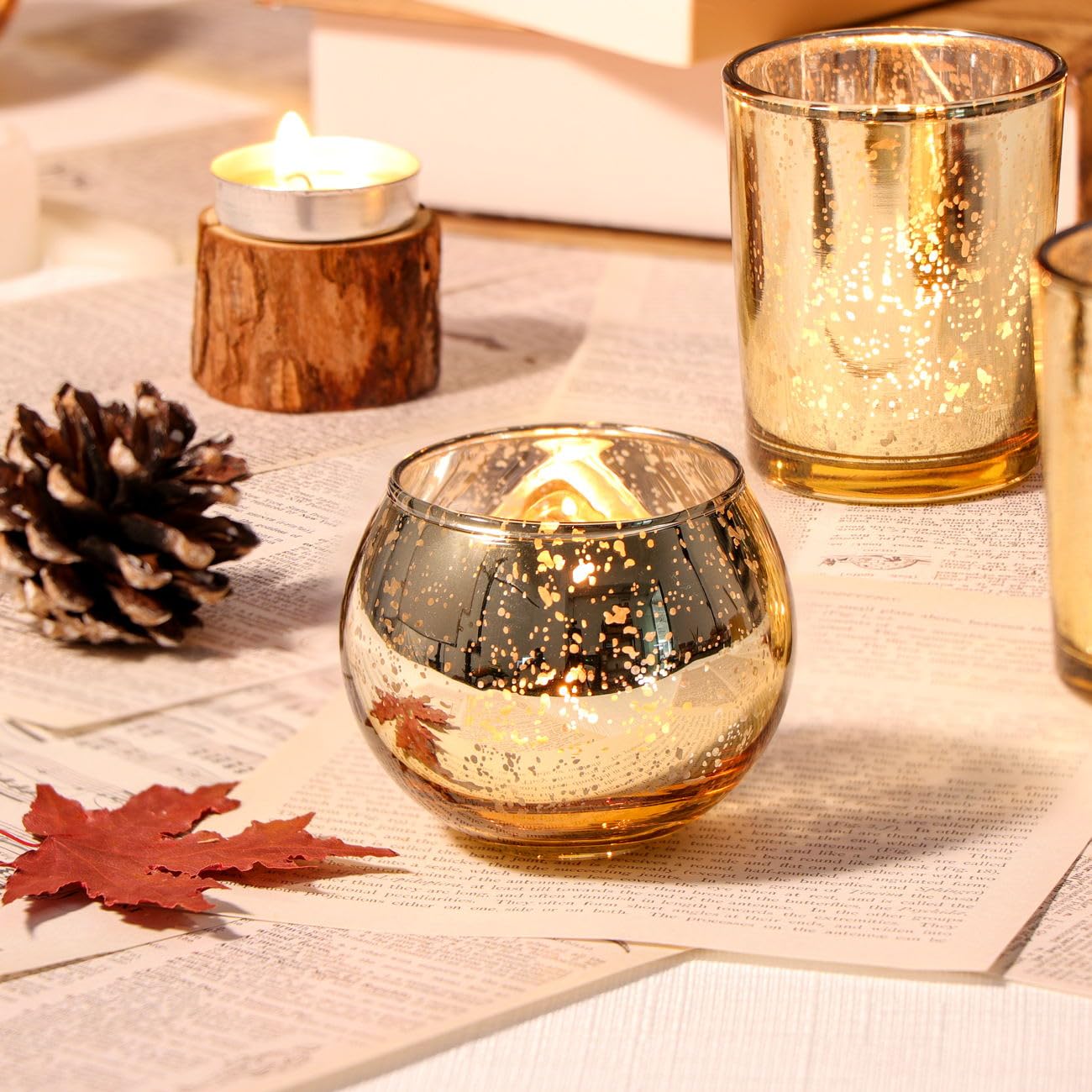 DEVI round mercury glass votive 2-inch holder enhances table ambiance.