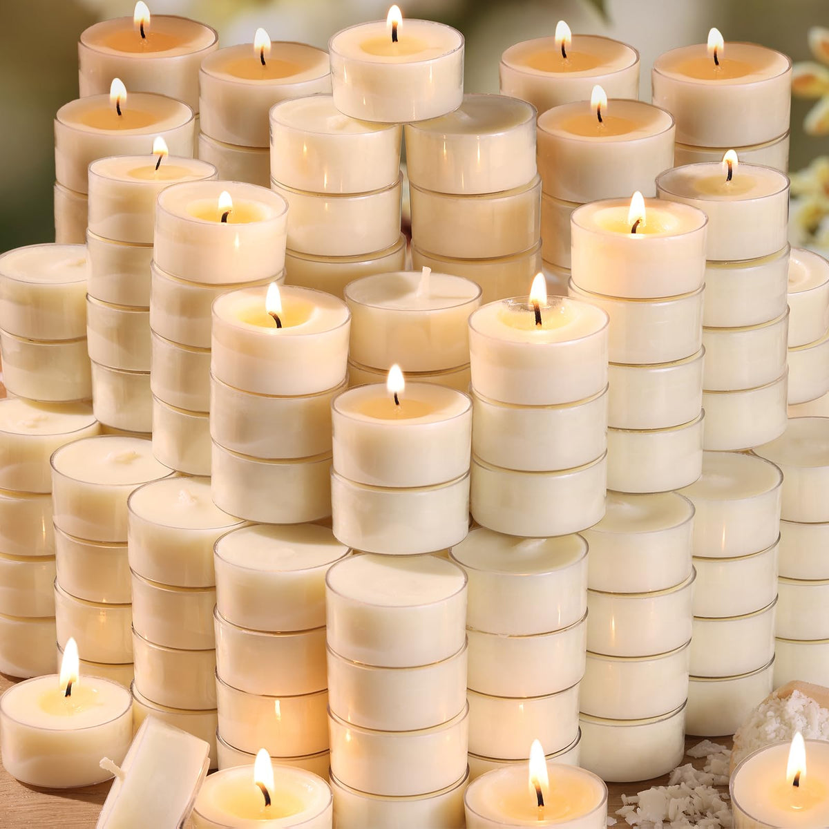 DEVI Soy Tea Lights 200-pack bulk glow for events and dinners.