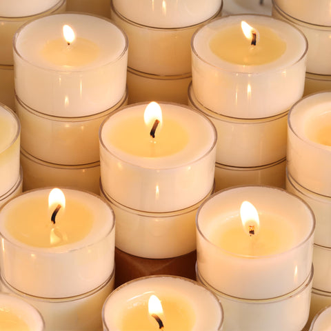 Unscented DEVI tea lights offer clean burn for parties.