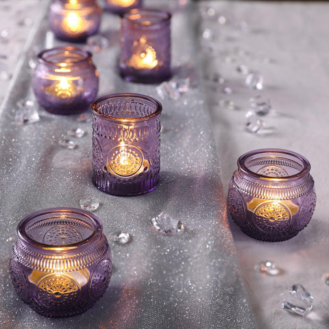 DEVI purple glass candle holders ideal for wedding table centerpieces