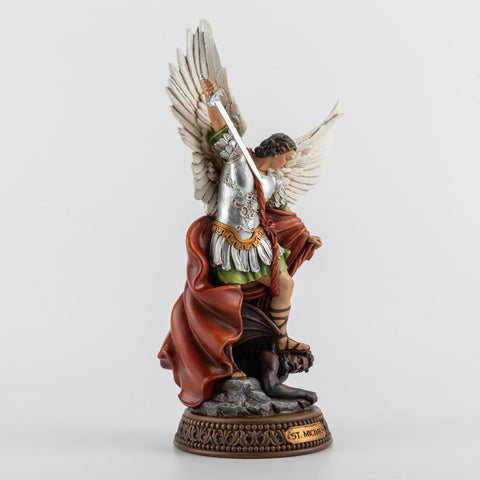 DevotedWalls statue defeating Satan on base shows a dynamic protector motif.