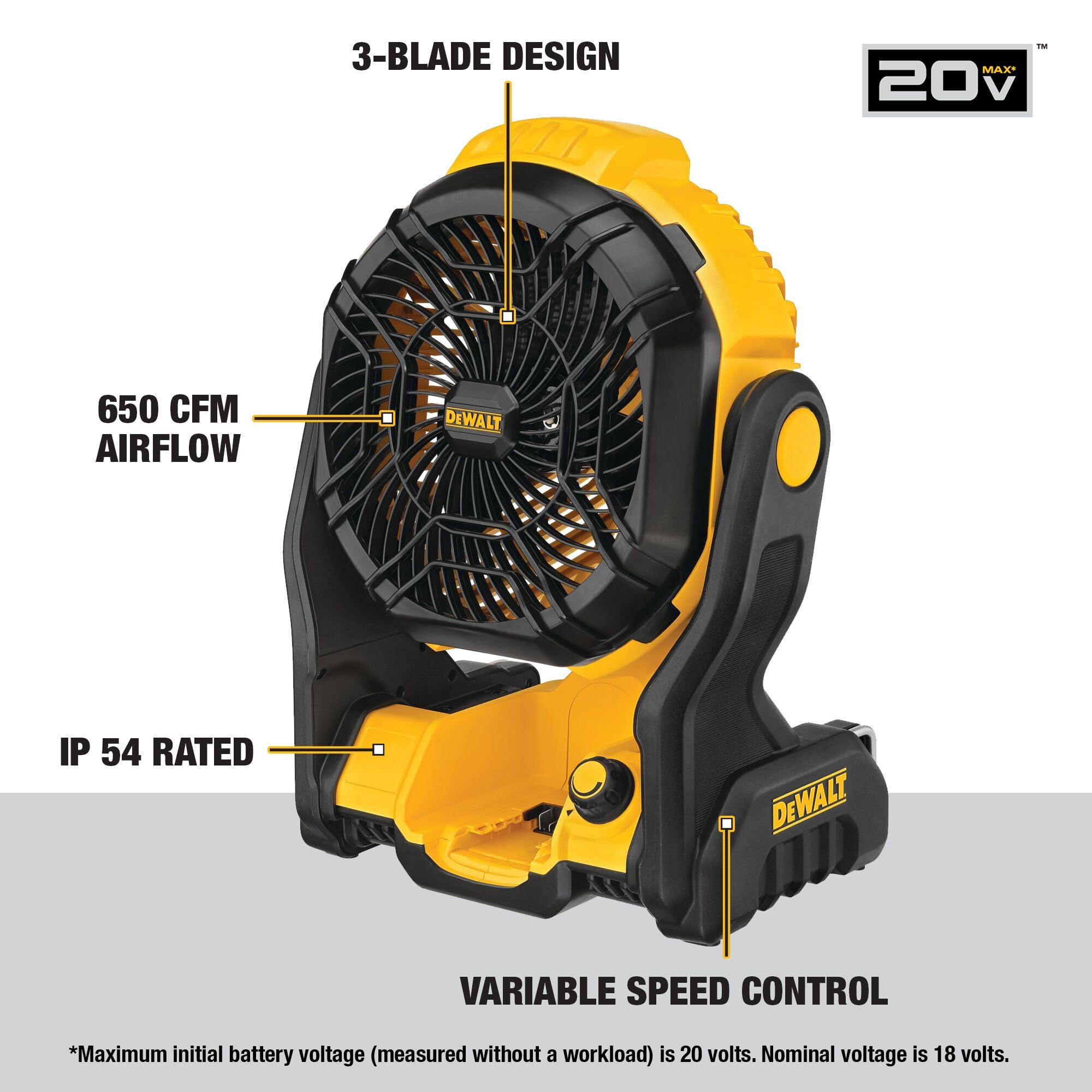 DEWALT DCE512B cordless fan in use delivering targeted cooling on site