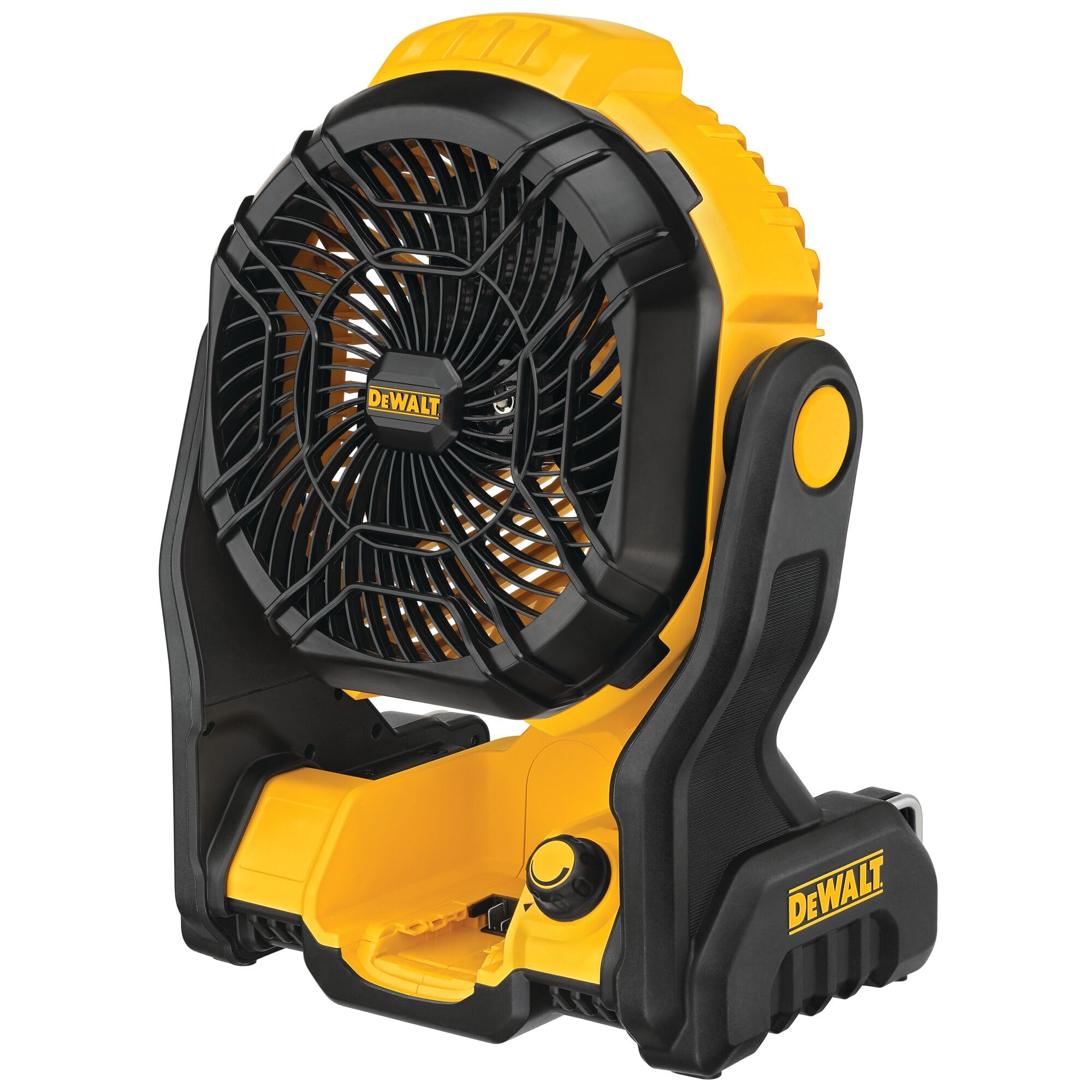DEWALT DCE512B portable fan angled view for precise airflow on jobsites