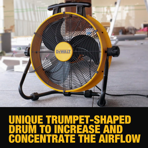 DEWALT DXF1840 tilt feature demonstrates 180-degree adjustability for directed cooling