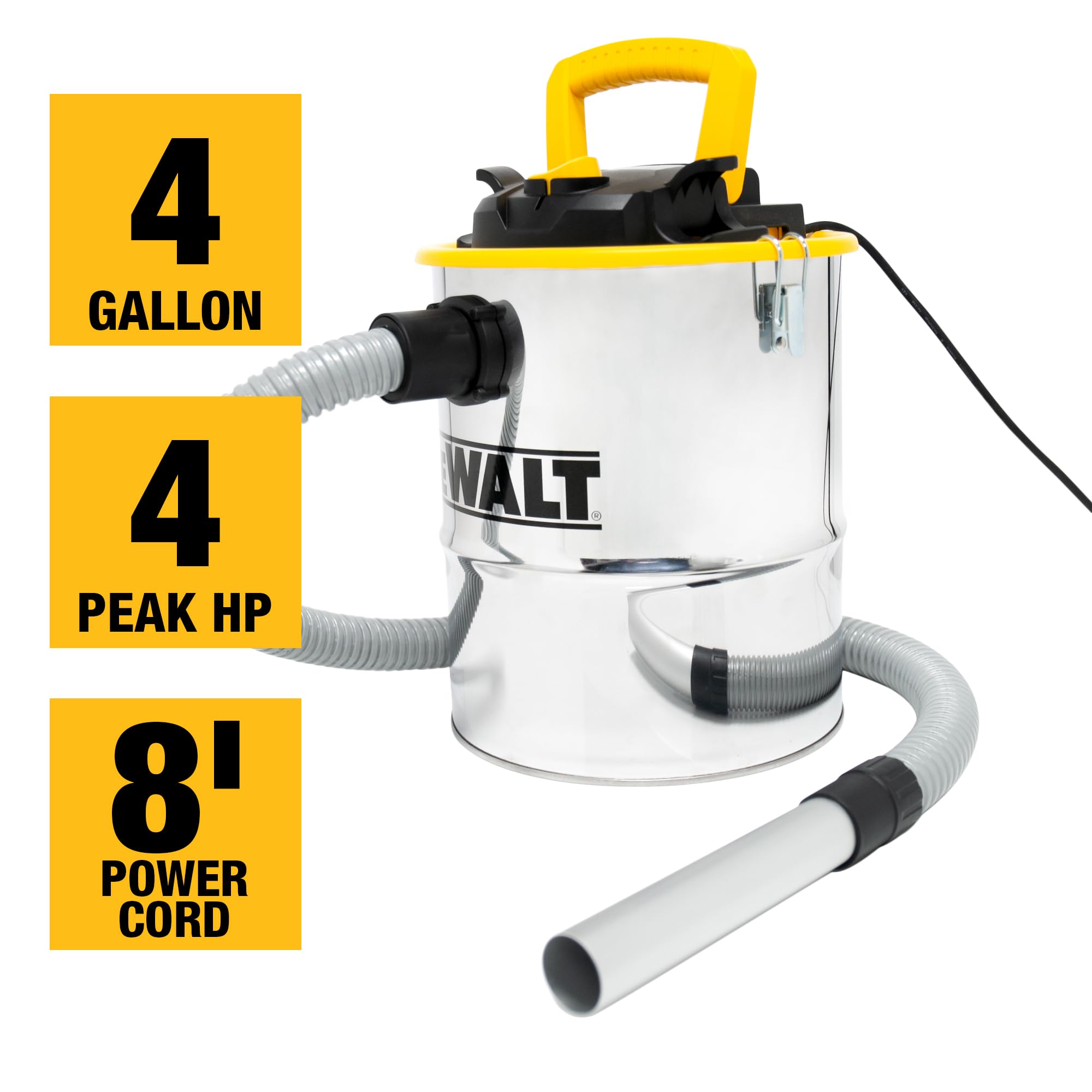 DEWALT DXV04A metal canister emphasizes durable construction for fireplace maintenance
