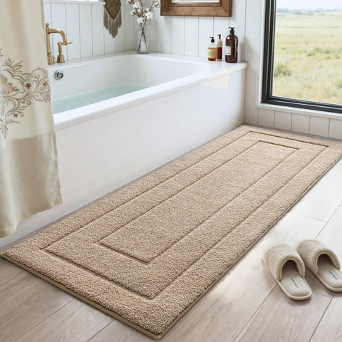 DEXI bathroom rug front view shows plush microfiber in beige.